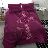 Maroon bedding set with large Celtic cross, harp and knot artwork, two pillowcases
