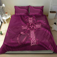 Maroon bedding set with Celtic knot cross and harp motif, two matching pillowcases
