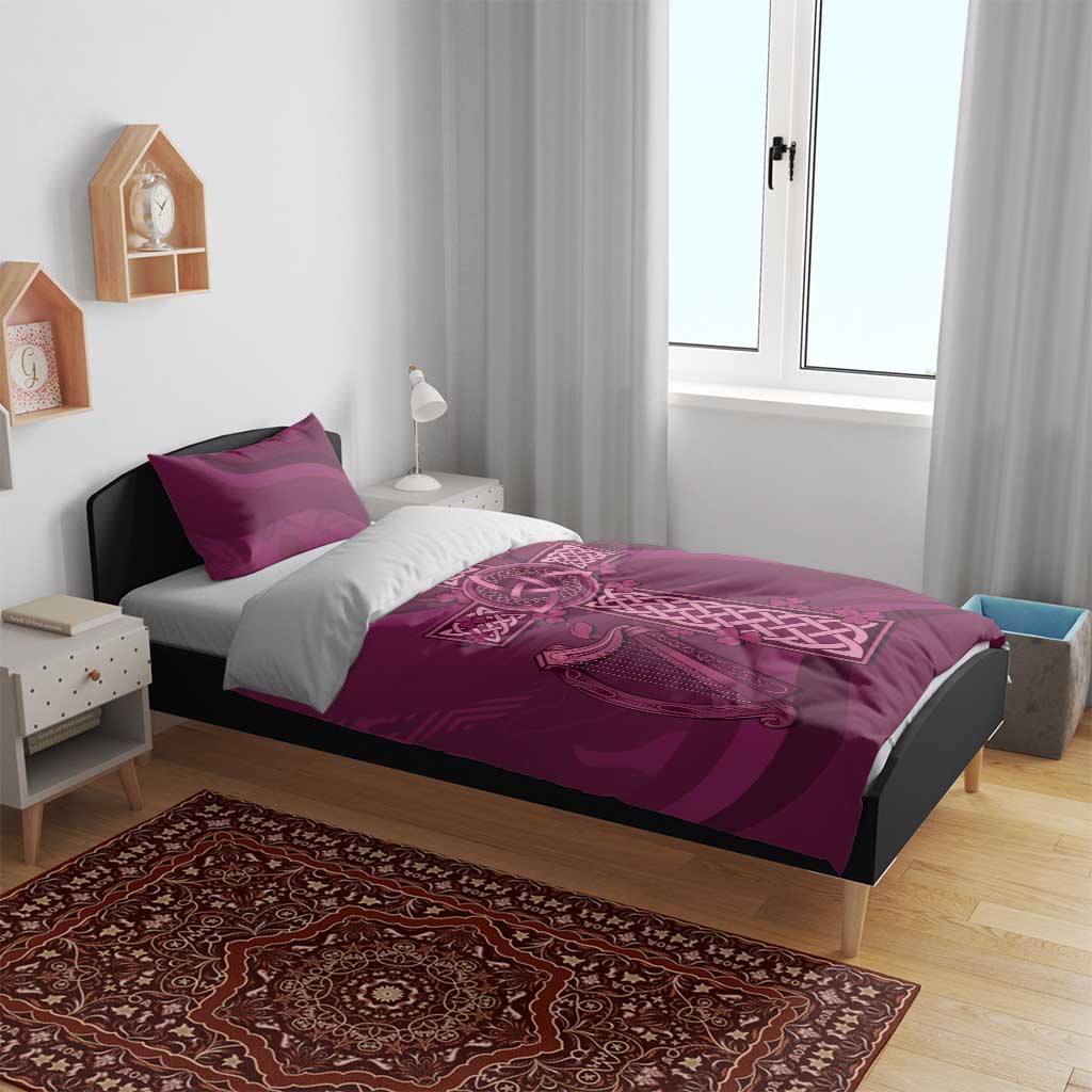 Maroon duvet set with Celtic knot cross and harp artwork, standard pillowcases