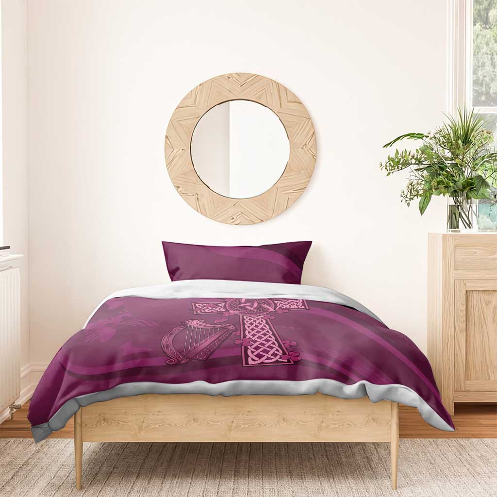 Maroon duvet set with Celtic cross and harp motif, with coordinating pillowcases