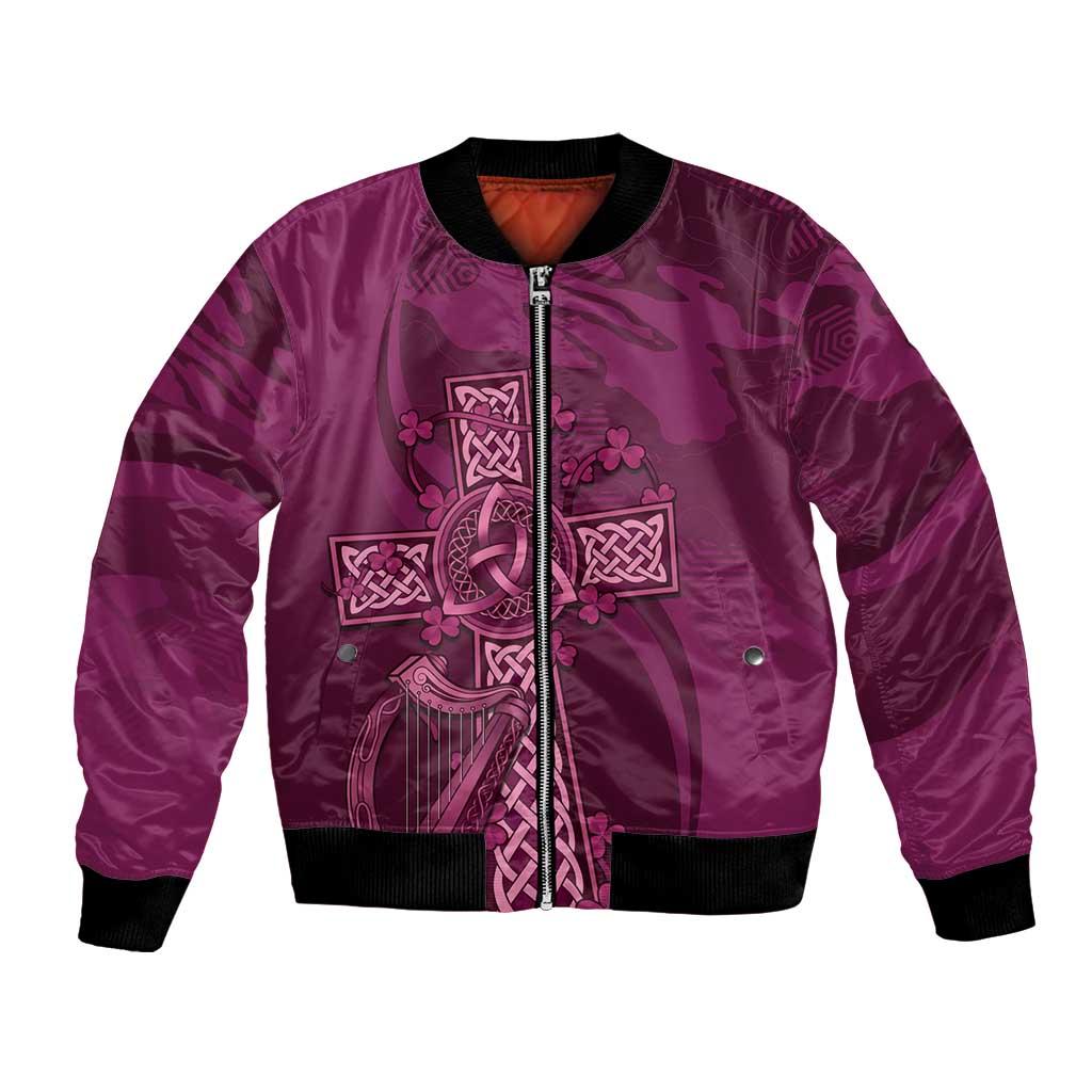 Maroon unisex bomber jacket with purple Celtic knot graphic on front