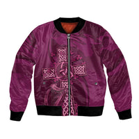 Maroon unisex bomber jacket with purple Celtic knot graphic on front
