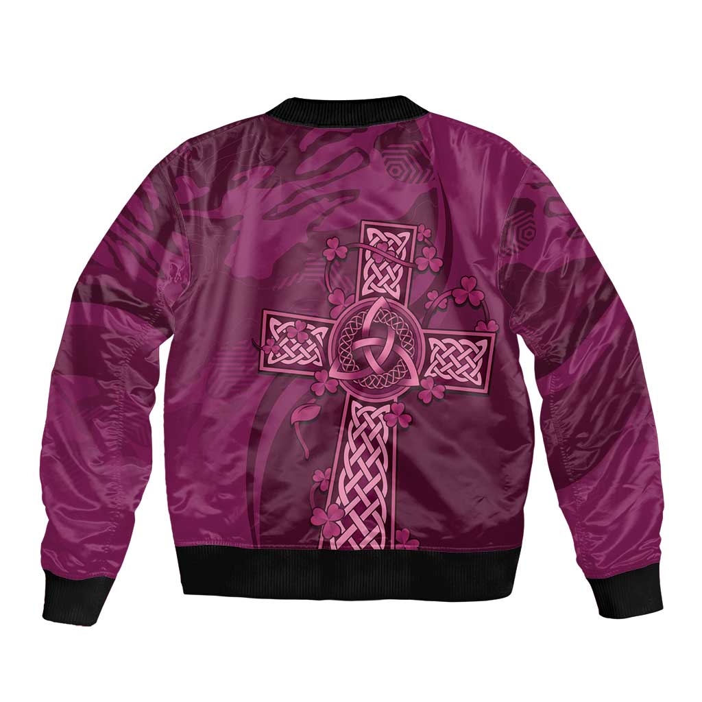 Maroon unisex bomber jacket with large Celtic knot graphic on back