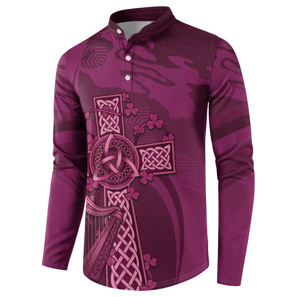 Maroon rugby button sweatshirt, front view, long sleeves, bold Celtic knot artwork