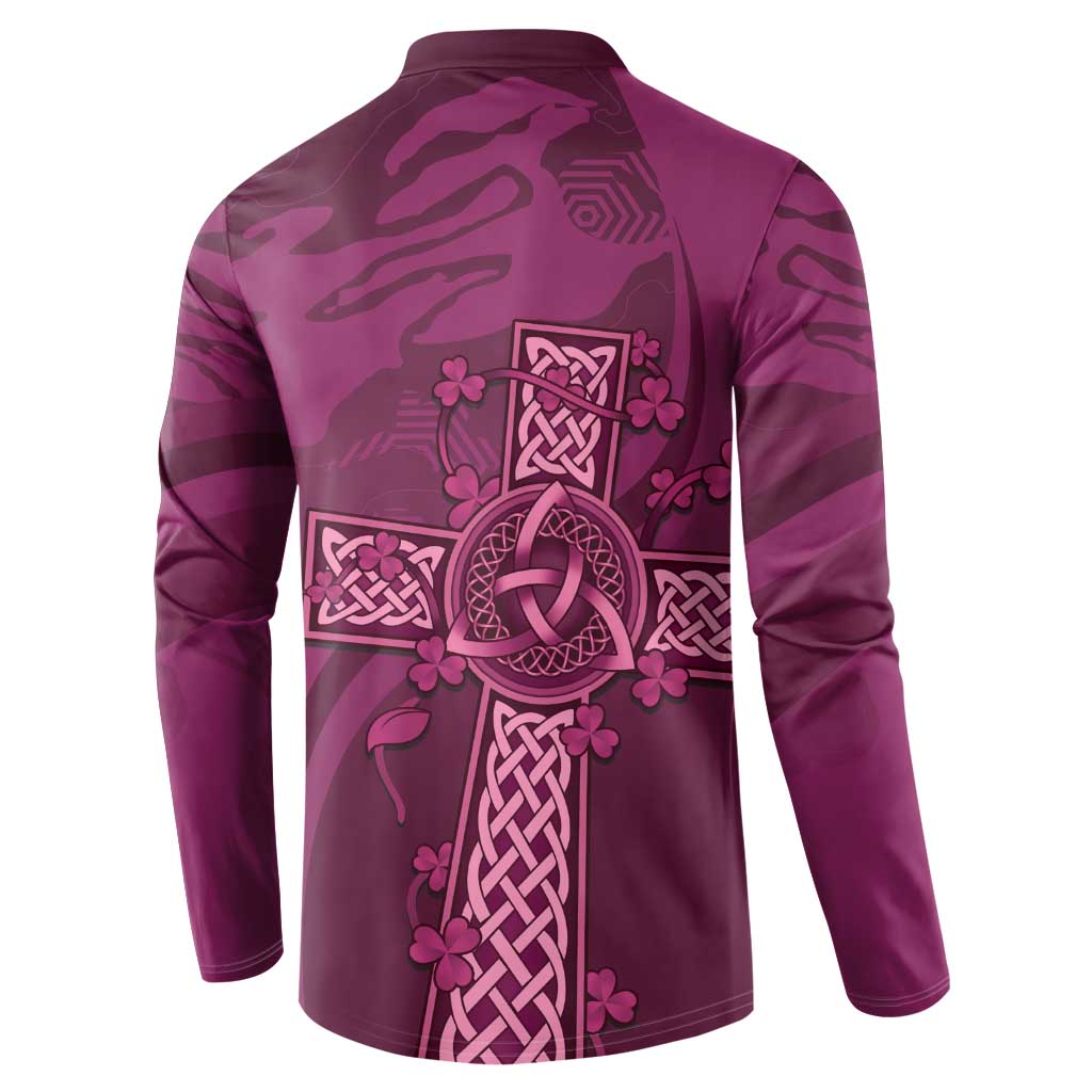 Maroon rugby button sweatshirt, back view, long sleeves, Celtic knot and cross graphic