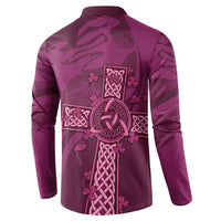 Maroon rugby button sweatshirt, back view, long sleeves, Celtic knot and cross graphic