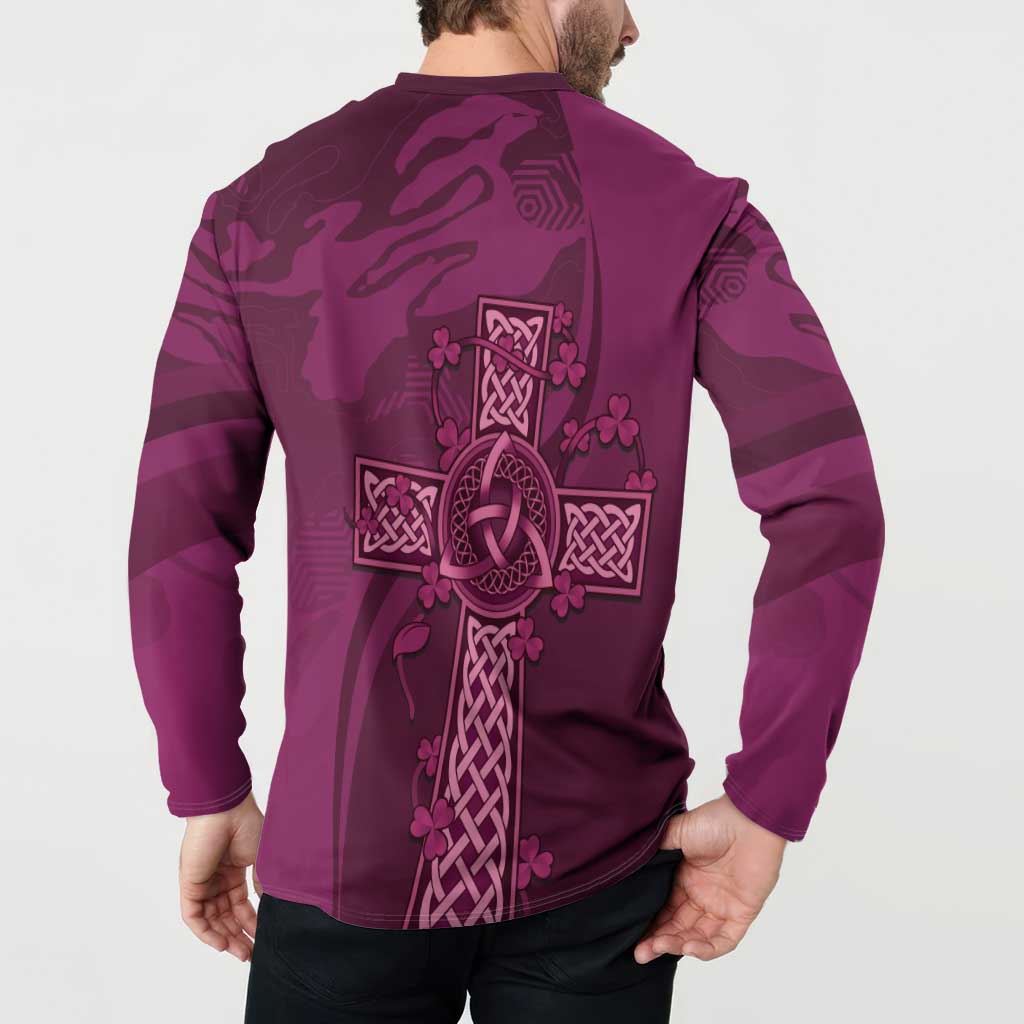 Maroon rugby button sweatshirt, back view on model, long sleeves, Celtic knot graphic