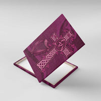 Maroon canvas wall art shown at an angle with Celtic knot cross and rugby harp