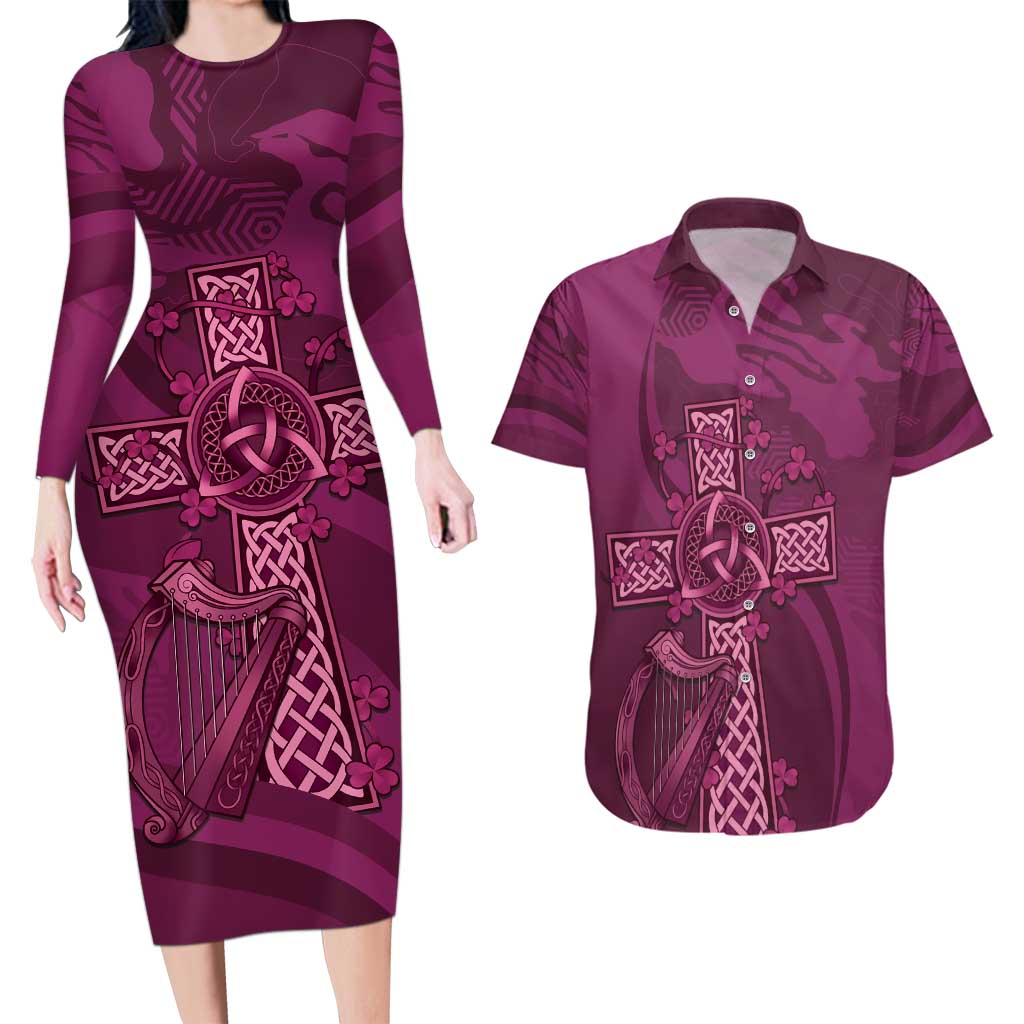 Ireland Rugby Couples Matching Long Sleeve Bodycon Dress and Hawaiian Shirt Maroon Celtic Knot Summer Paris 2024 LT9 - Wonder Print Shop