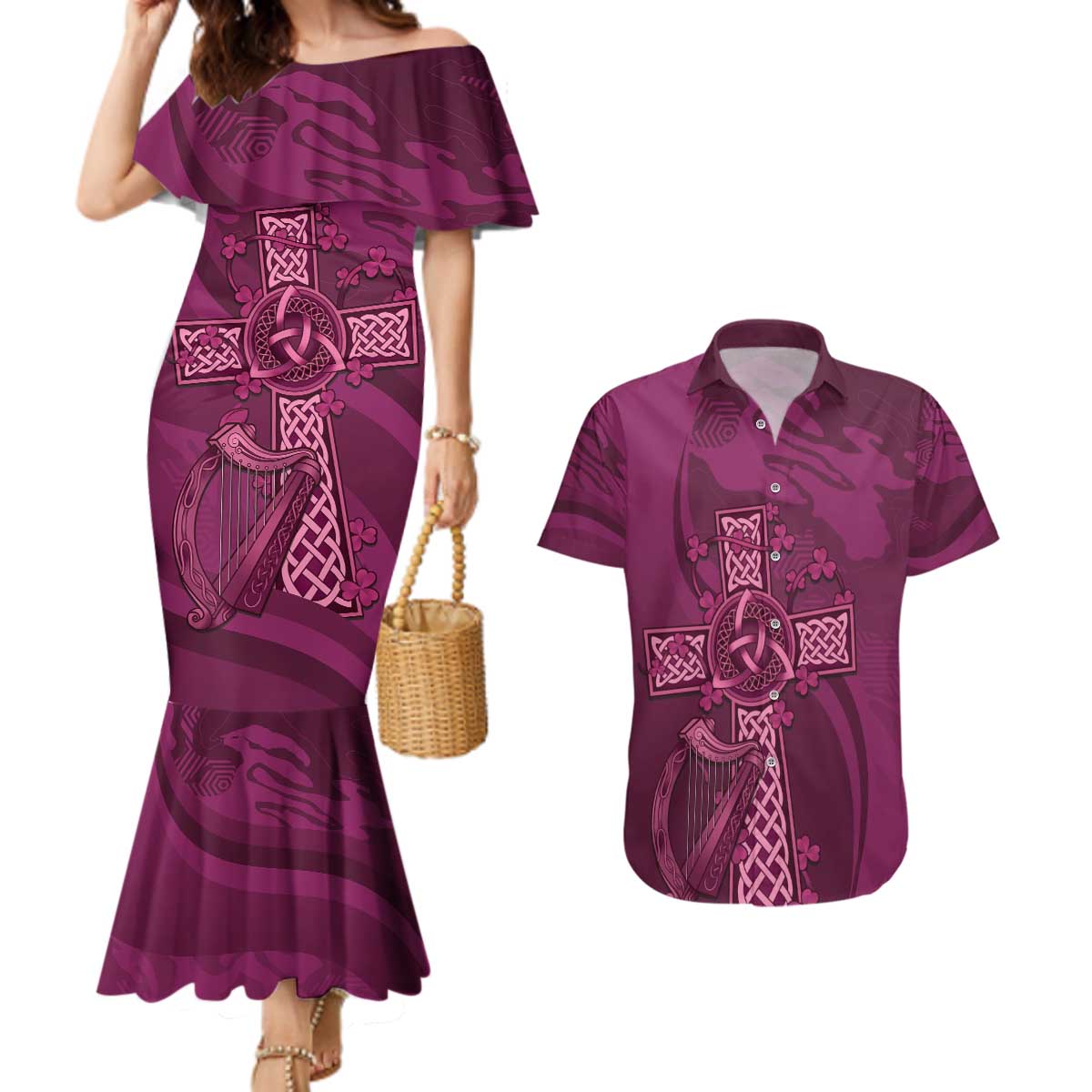 Ireland Rugby Couples Matching Mermaid Dress and Hawaiian Shirt Maroon Celtic Knot Summer Paris 2024 LT9 - Wonder Print Shop