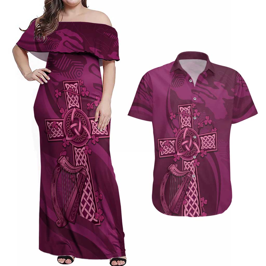 Ireland Rugby Couples Matching Off Shoulder Maxi Dress and Hawaiian Shirt Maroon Celtic Knot Summer Paris 2024 LT9 - Wonder Print Shop