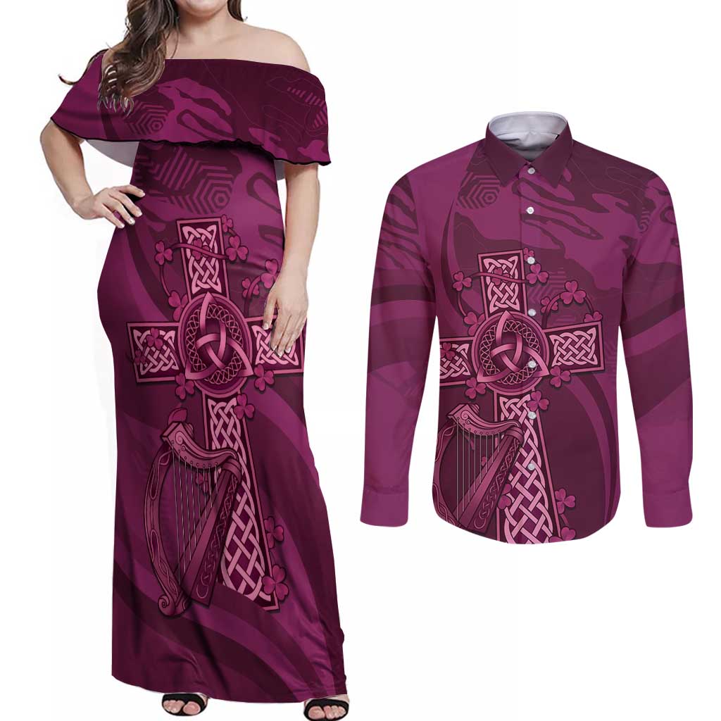 Ireland Rugby Couples Matching Off Shoulder Maxi Dress and Long Sleeve Button Shirt Maroon Celtic Knot Summer Paris 2024 LT9 - Wonder Print Shop