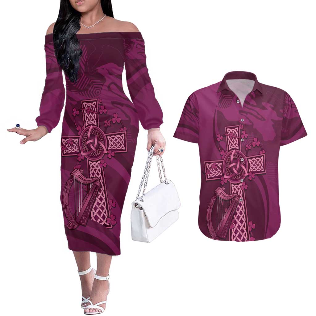 Ireland Rugby Couples Matching Off The Shoulder Long Sleeve Dress and Hawaiian Shirt Maroon Celtic Knot Summer Paris 2024 LT9 - Wonder Print Shop