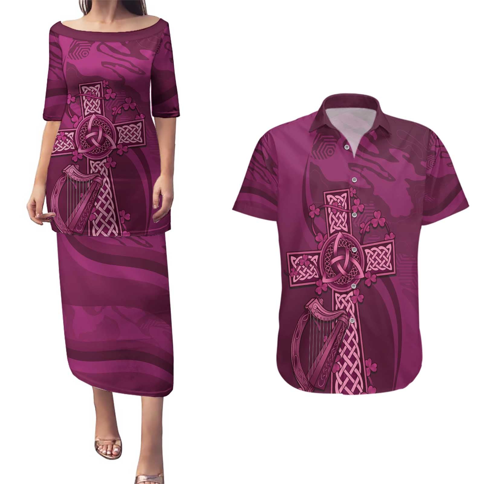 Ireland Rugby Couples Matching Puletasi and Hawaiian Shirt Maroon Celtic Knot Summer Paris 2024 LT9 - Wonder Print Shop