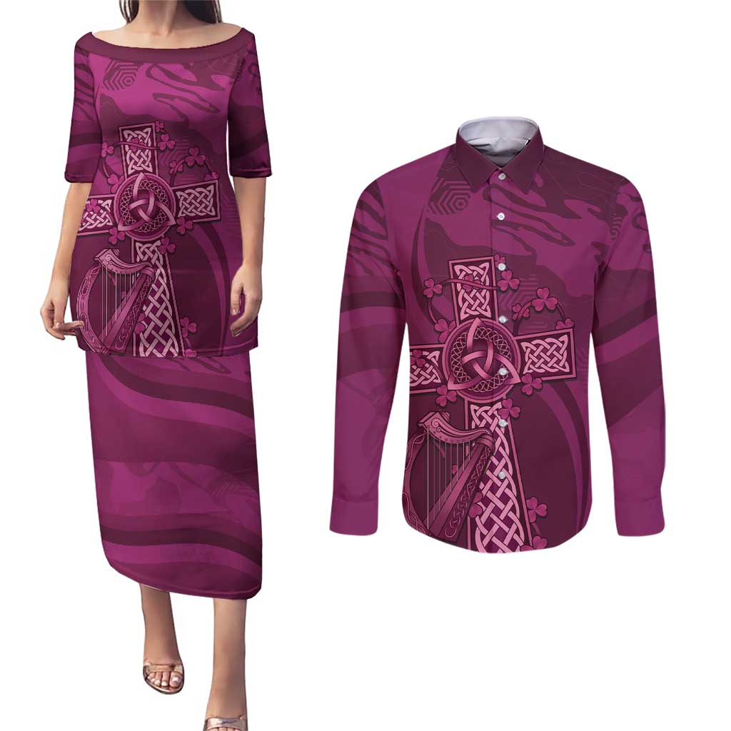 Ireland Rugby Couples Matching Puletasi and Long Sleeve Button Shirt Maroon Celtic Knot Summer Paris 2024 LT9 - Wonder Print Shop