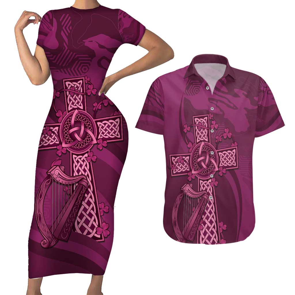 Ireland Rugby Couples Matching Short Sleeve Bodycon Dress and Hawaiian Shirt Maroon Celtic Knot Summer Paris 2024 LT9 - Wonder Print Shop