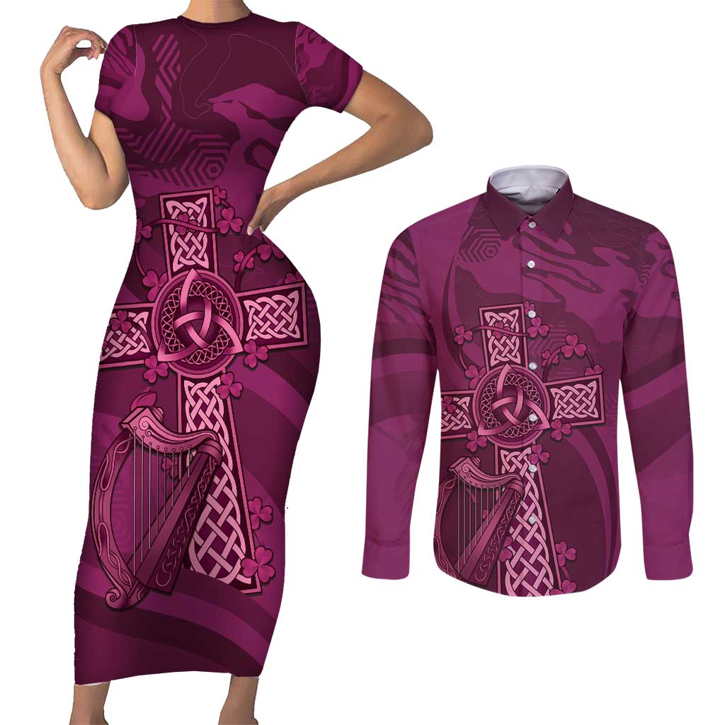 Ireland Rugby Couples Matching Short Sleeve Bodycon Dress and Long Sleeve Button Shirt Maroon Celtic Knot Summer Paris 2024 LT9 - Wonder Print Shop