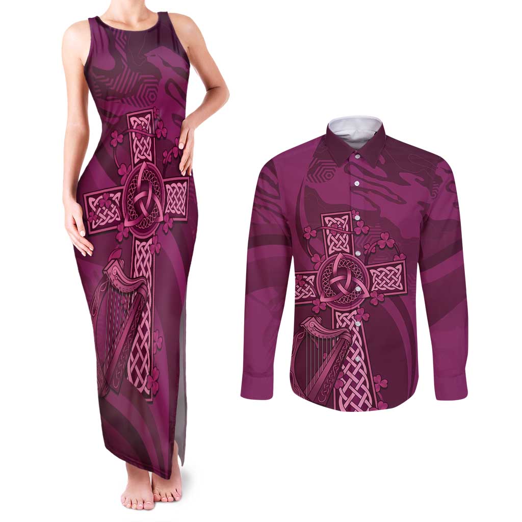 Ireland Rugby Couples Matching Tank Maxi Dress and Long Sleeve Button Shirt Maroon Celtic Knot Summer Paris 2024 LT9 - Wonder Print Shop