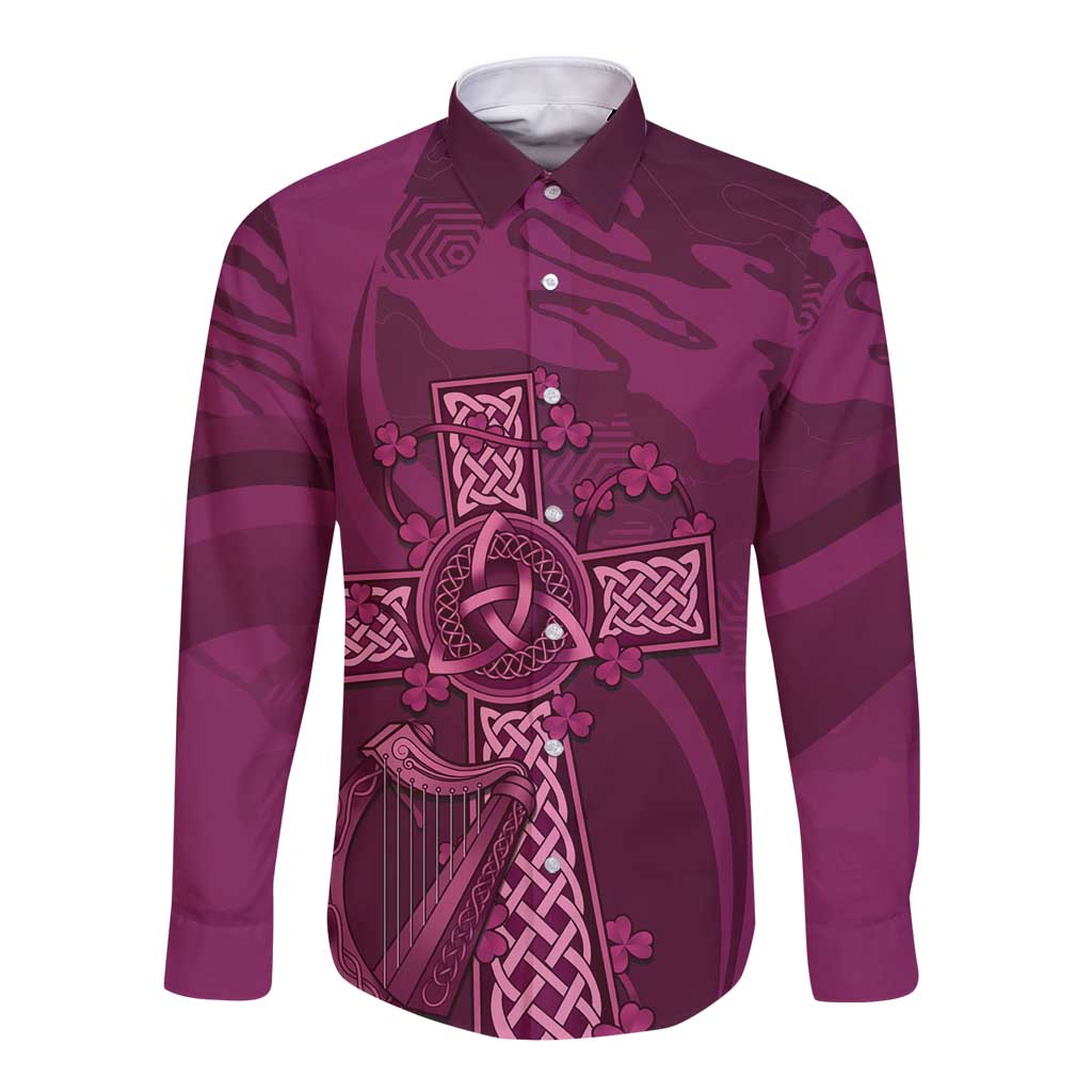 Maroon long-sleeve button rugby shirt with large Celtic knot graphic on front