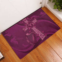 Maroon rugby doormat with Celtic cross and harp knot design