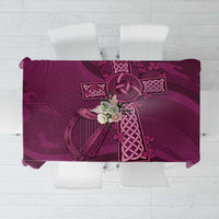Maroon Celtic knot tablecloth with harp and cross motif, rectangular coverage
