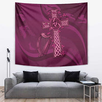 Maroon Irish rugby tapestry with Celtic cross knot and harp motif on hanging fabric
