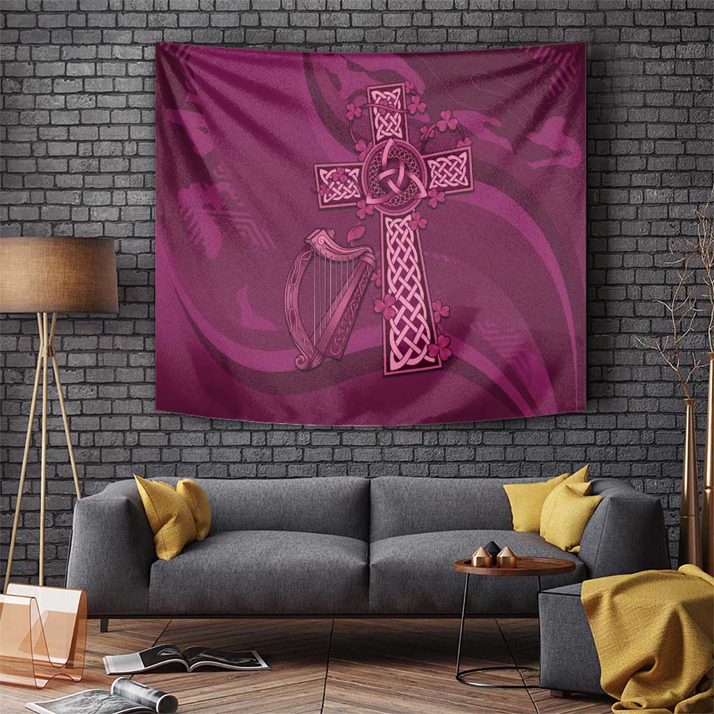 Maroon Irish rugby wall tapestry featuring Celtic cross knot and harp emblem design