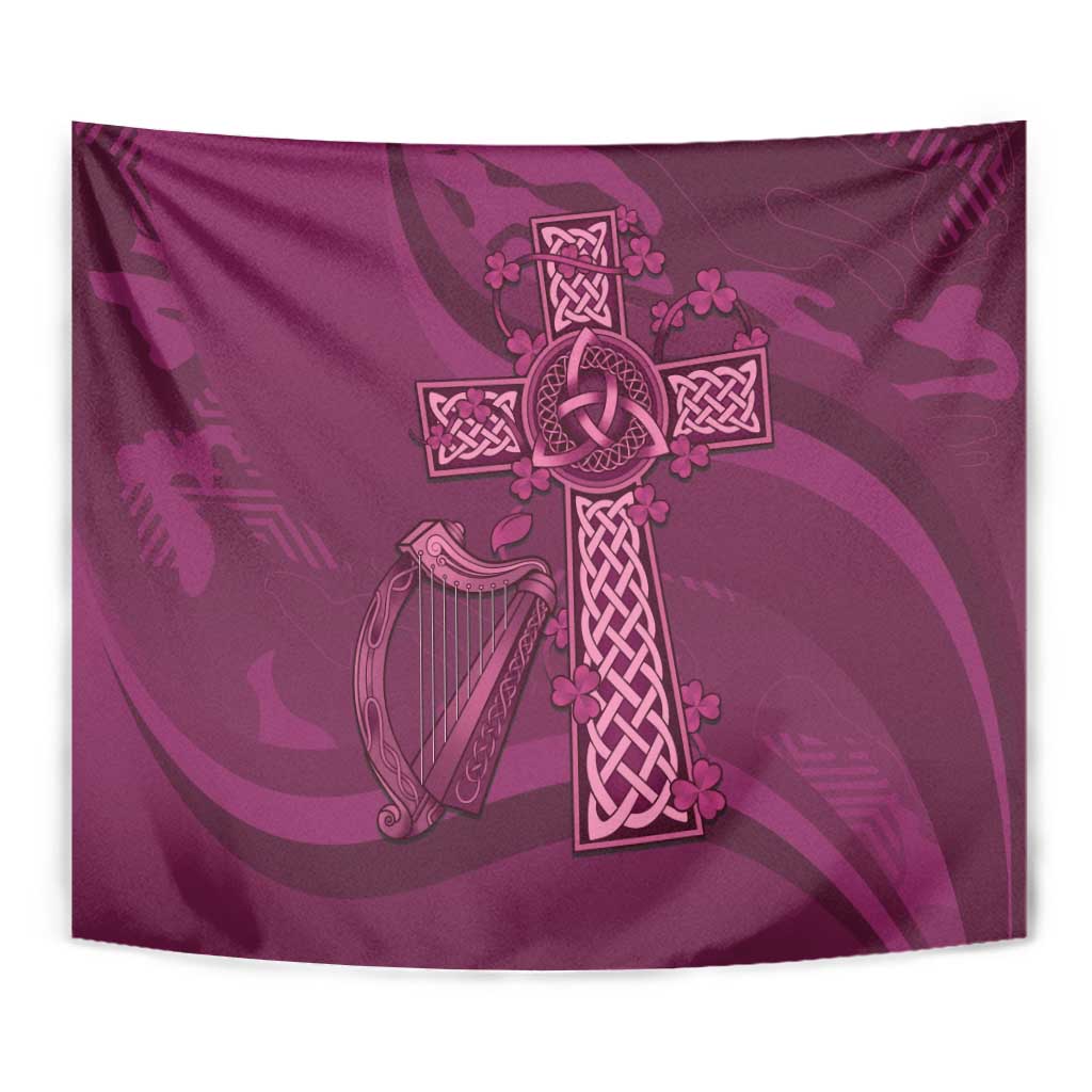 Maroon Irish rugby tapestry close view of Celtic cross knot and harp motif