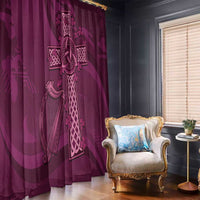 Maroon Celtic knot window curtain with harp motif and clover accents