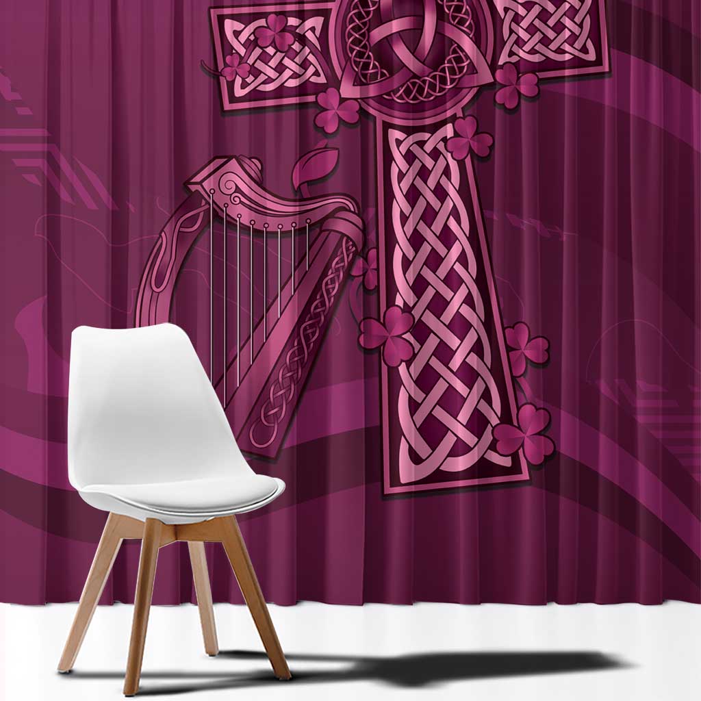 Maroon window curtain with Celtic knot harp print and dark floral details