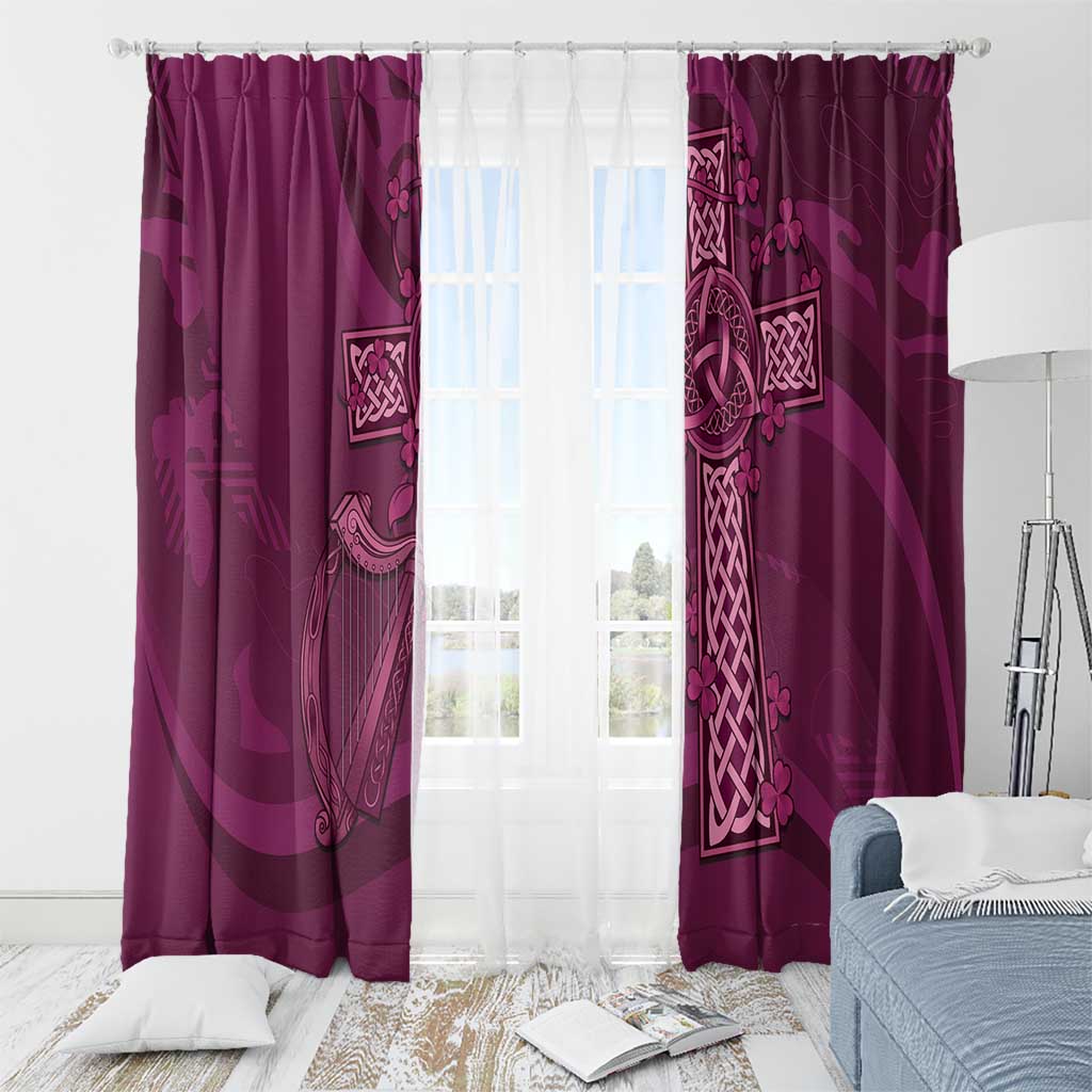 Maroon window curtain panels with Celtic knot harp print and stitched top header