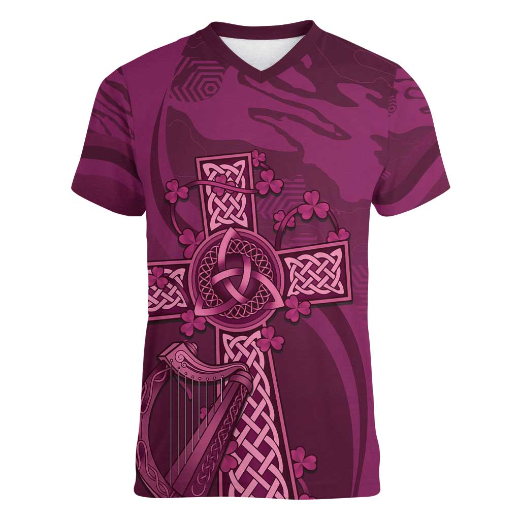 Ireland Rugby Women V-Neck T-Shirt Maroon Celtic Knot Summer Paris 2024