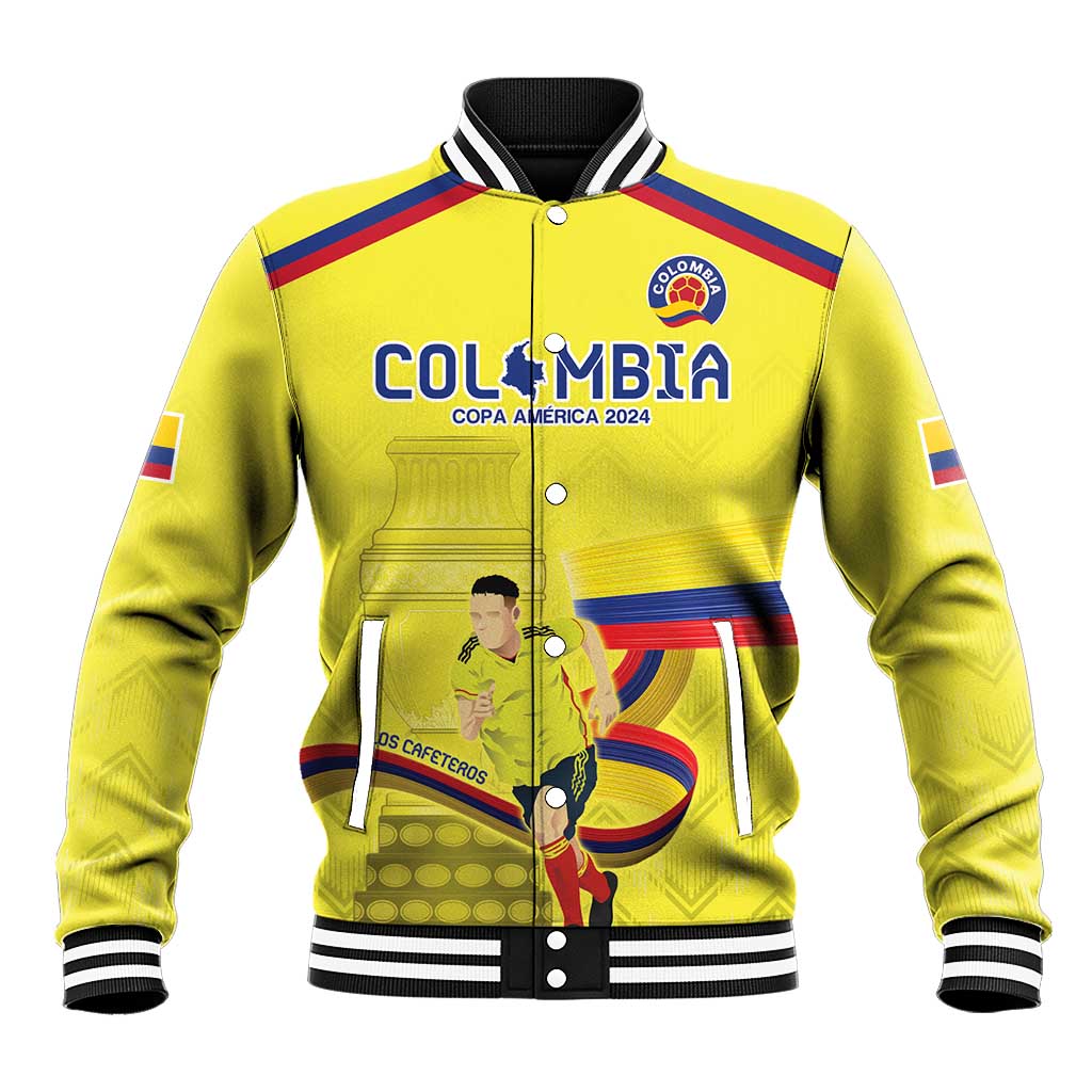 Yellow button-up varsity jacket with striped yoke, Colombia crest, and front graphic