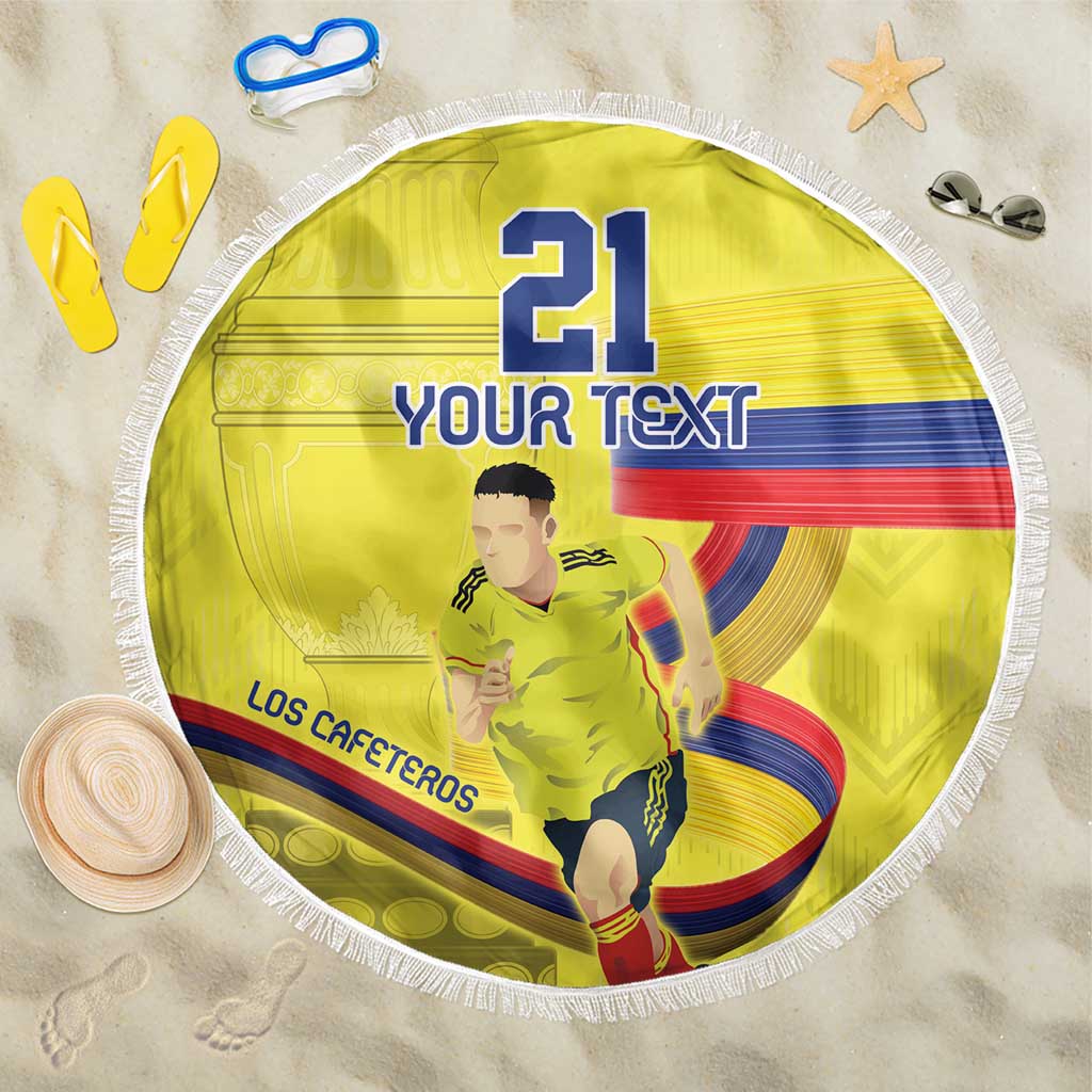 Yellow round beach blanket with white fringe, blue 21 and Los Cafeteros team text