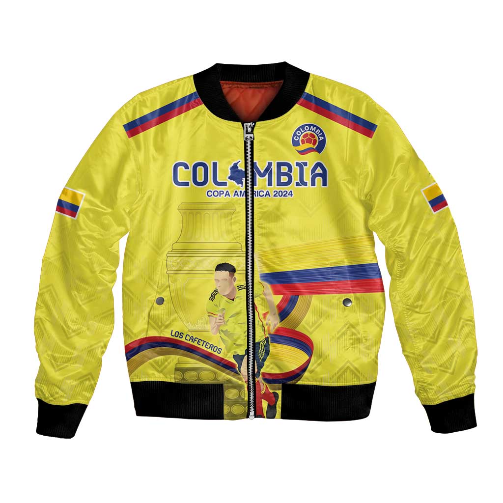 Yellow Colombia-themed bomber jacket with full-zip front and striped chest graphic