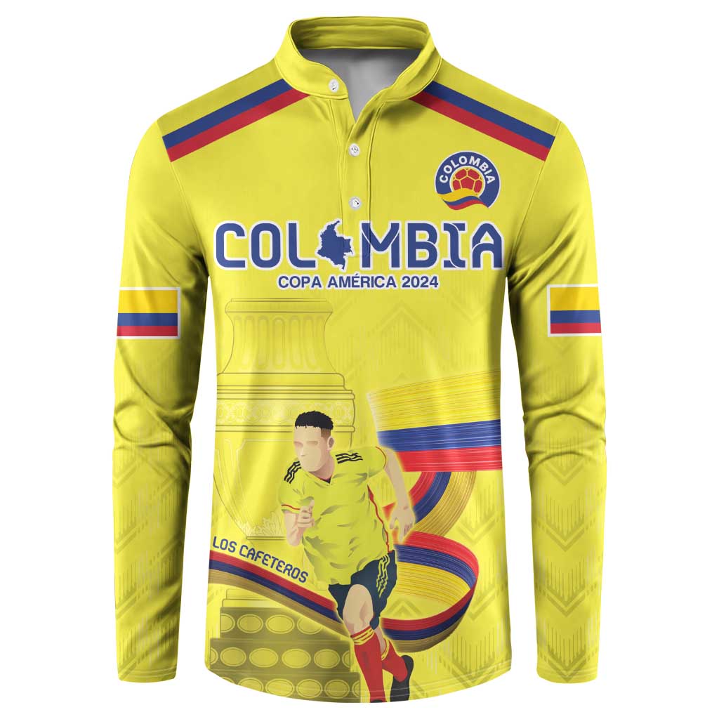 Yellow Colombia button-up sweatshirt front with crest, Copa America 2024 graphic, and stripes