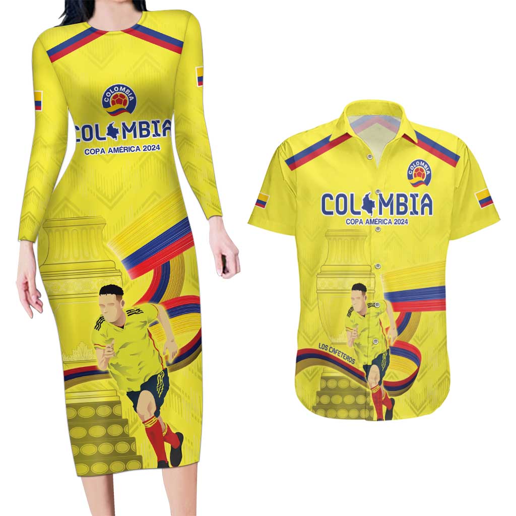 Colombia Champion Football Custom Couples Matching Long Sleeve Bodycon Dress and Hawaiian Shirt Proud To Be Los Cafeteros LT9 - Wonder Print Shop