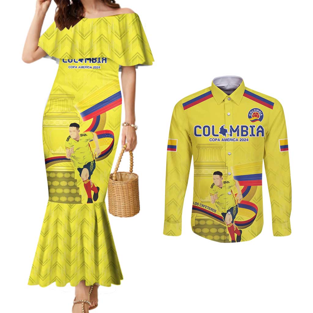 Colombia Champion Football Custom Couples Matching Mermaid Dress and Long Sleeve Button Shirt Proud To Be Los Cafeteros