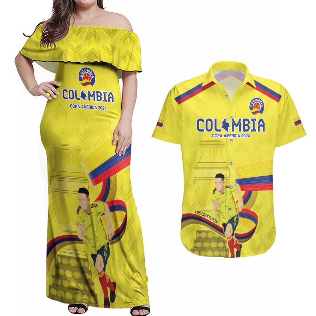 Colombia Champion Football Custom Couples Matching Off Shoulder Maxi Dress and Hawaiian Shirt Proud To Be Los Cafeteros LT9 - Wonder Print Shop