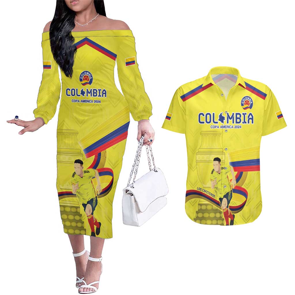 Colombia Champion Football Custom Couples Matching Off The Shoulder Long Sleeve Dress and Hawaiian Shirt Proud To Be Los Cafeteros LT9 - Wonder Print Shop