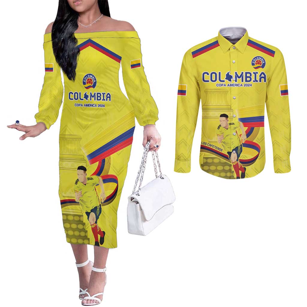 Colombia Champion Football Custom Couples Matching Off The Shoulder Long Sleeve Dress and Long Sleeve Button Shirt Proud To Be Los Cafeteros