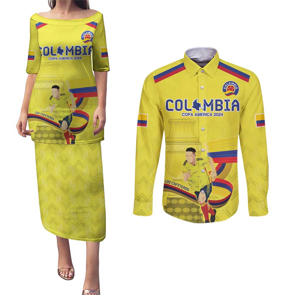 Colombia Champion Football Custom Couples Matching Puletasi and Long Sleeve Button Shirt Proud To Be Los Cafeteros LT9 - Wonder Print Shop