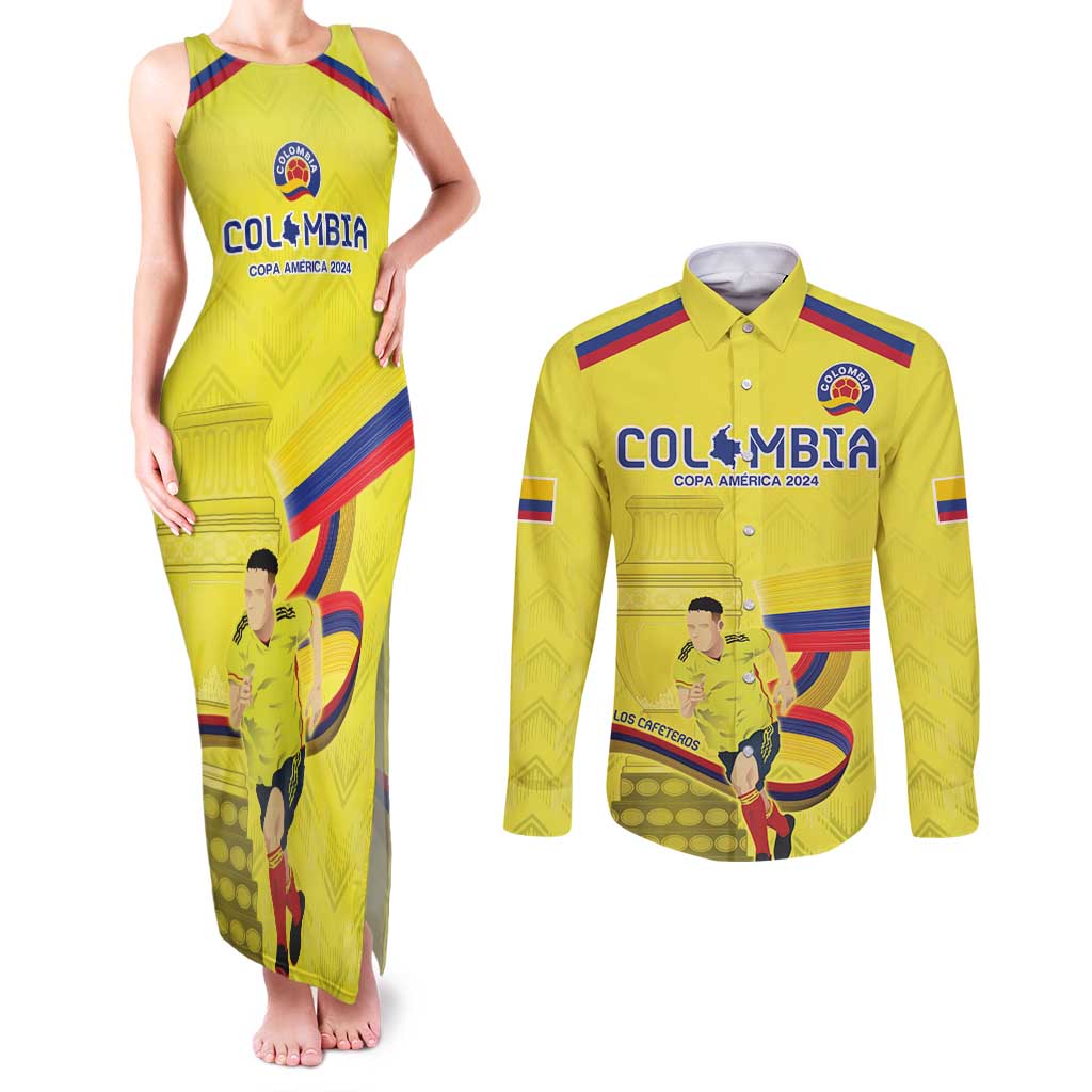 Colombia Champion Football Custom Couples Matching Tank Maxi Dress and Long Sleeve Button Shirt Proud To Be Los Cafeteros LT9 - Wonder Print Shop