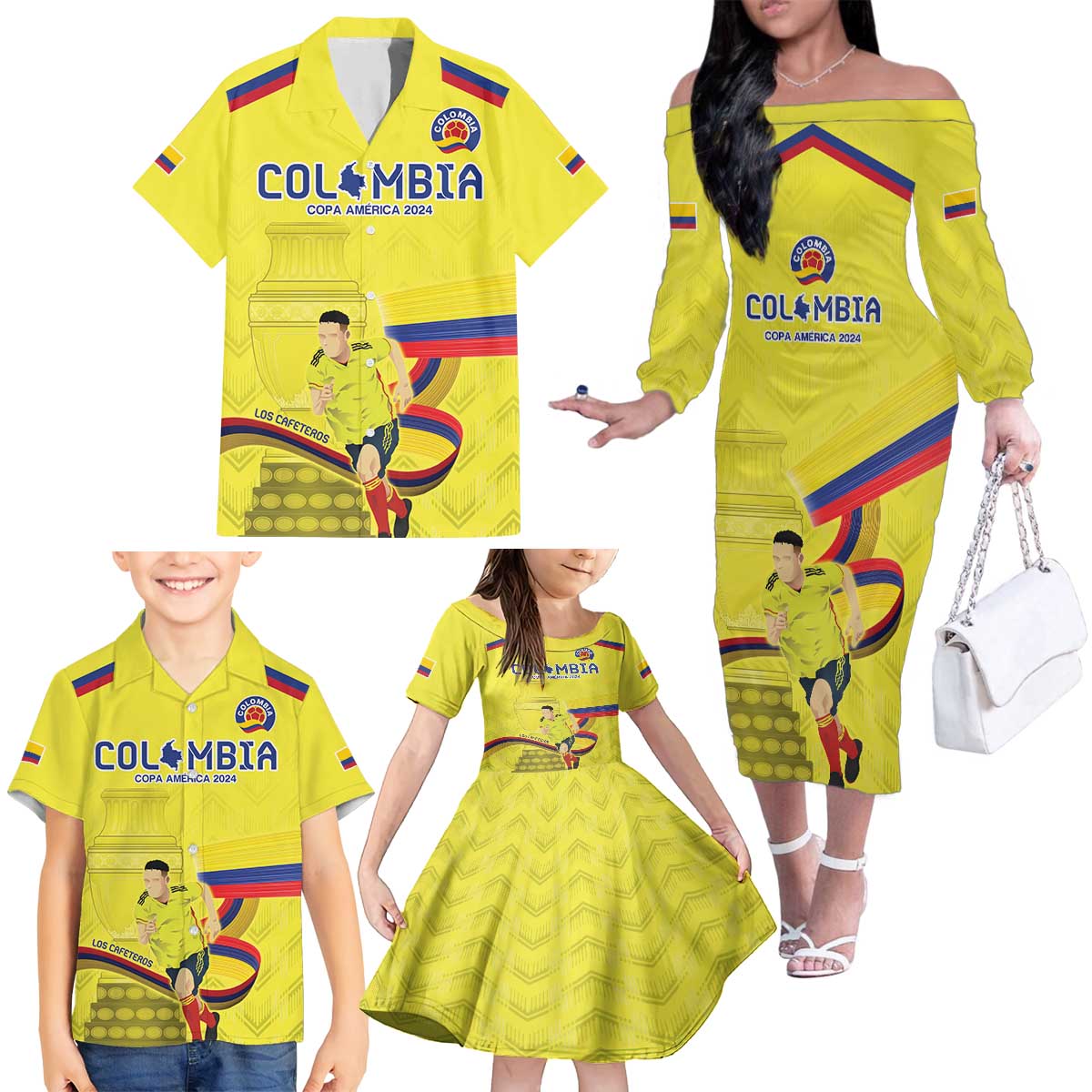 Colombia Champion Football Custom Family Matching Off The Shoulder Long Sleeve Dress and Hawaiian Shirt Proud To Be Los Cafeteros - Wonder Print Shop