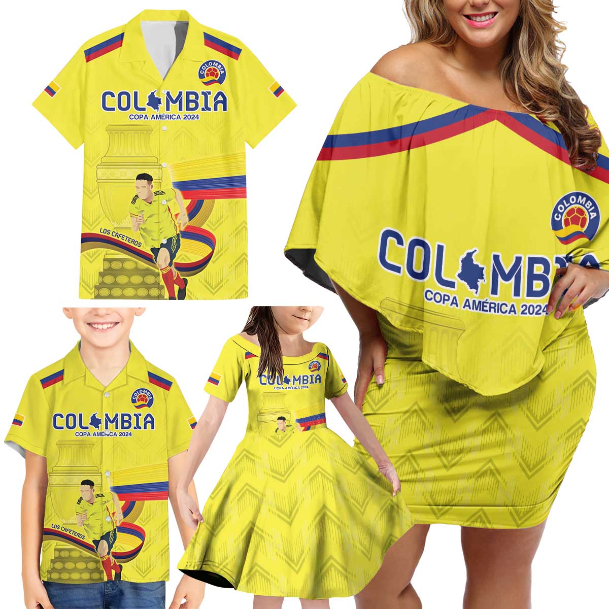 Colombia Champion Football Custom Family Matching Off Shoulder Short Dress and Hawaiian Shirt Proud To Be Los Cafeteros LT9 - Wonder Print Shop