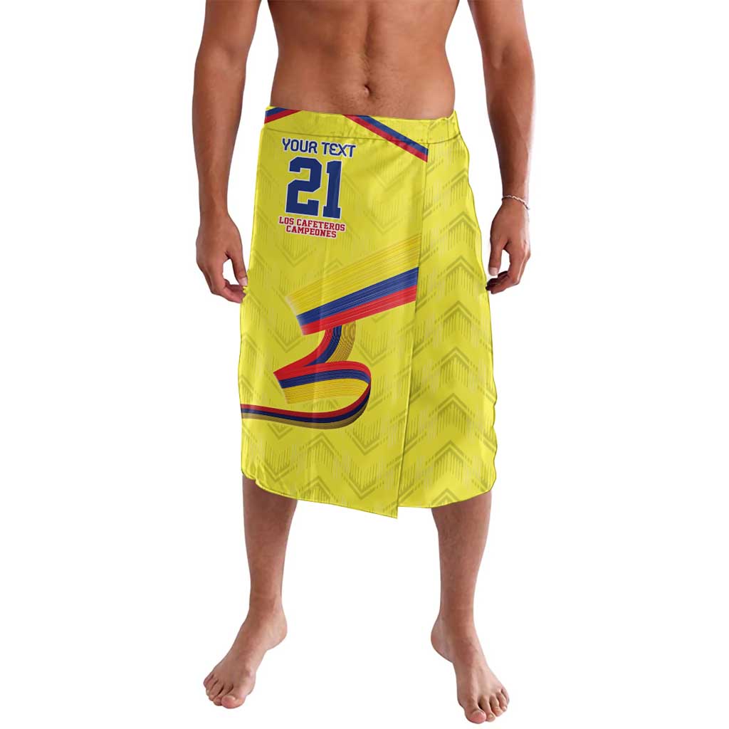 Yellow soccer sarong with number 21, Los Cafeteros crest, and diagonal stripe accents