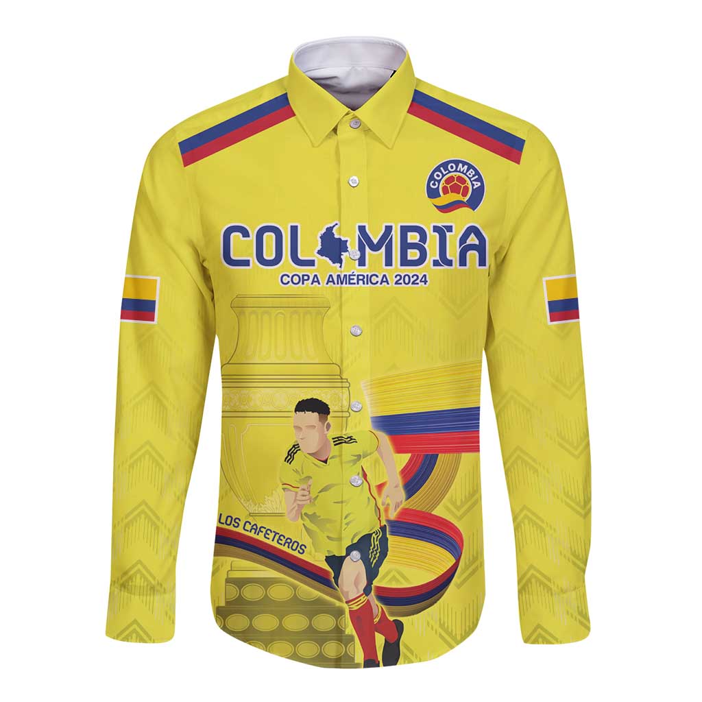 Yellow long-sleeve button football shirt with crest and Colombia Copa America 2024 graphic