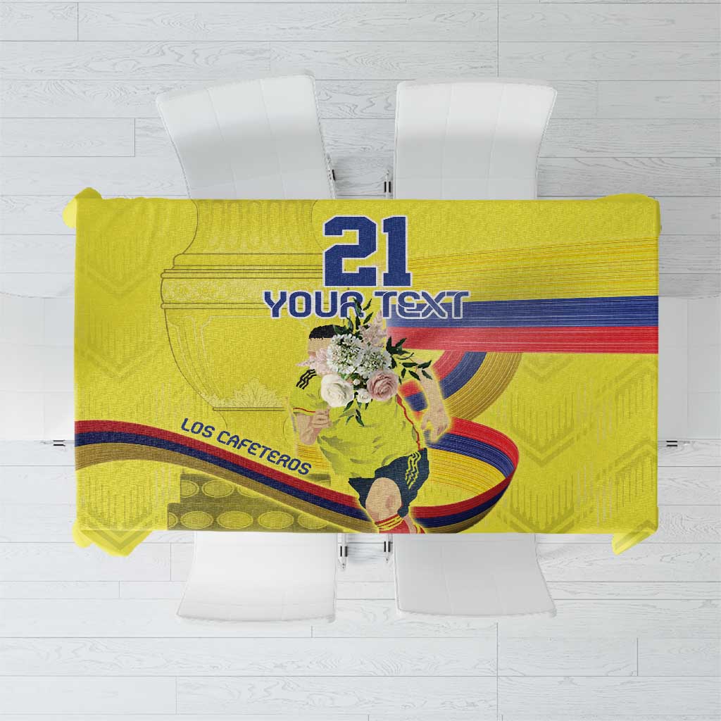 Yellow tablecloth layout with large 21, 'Your Text', and Los Cafeteros graphic
