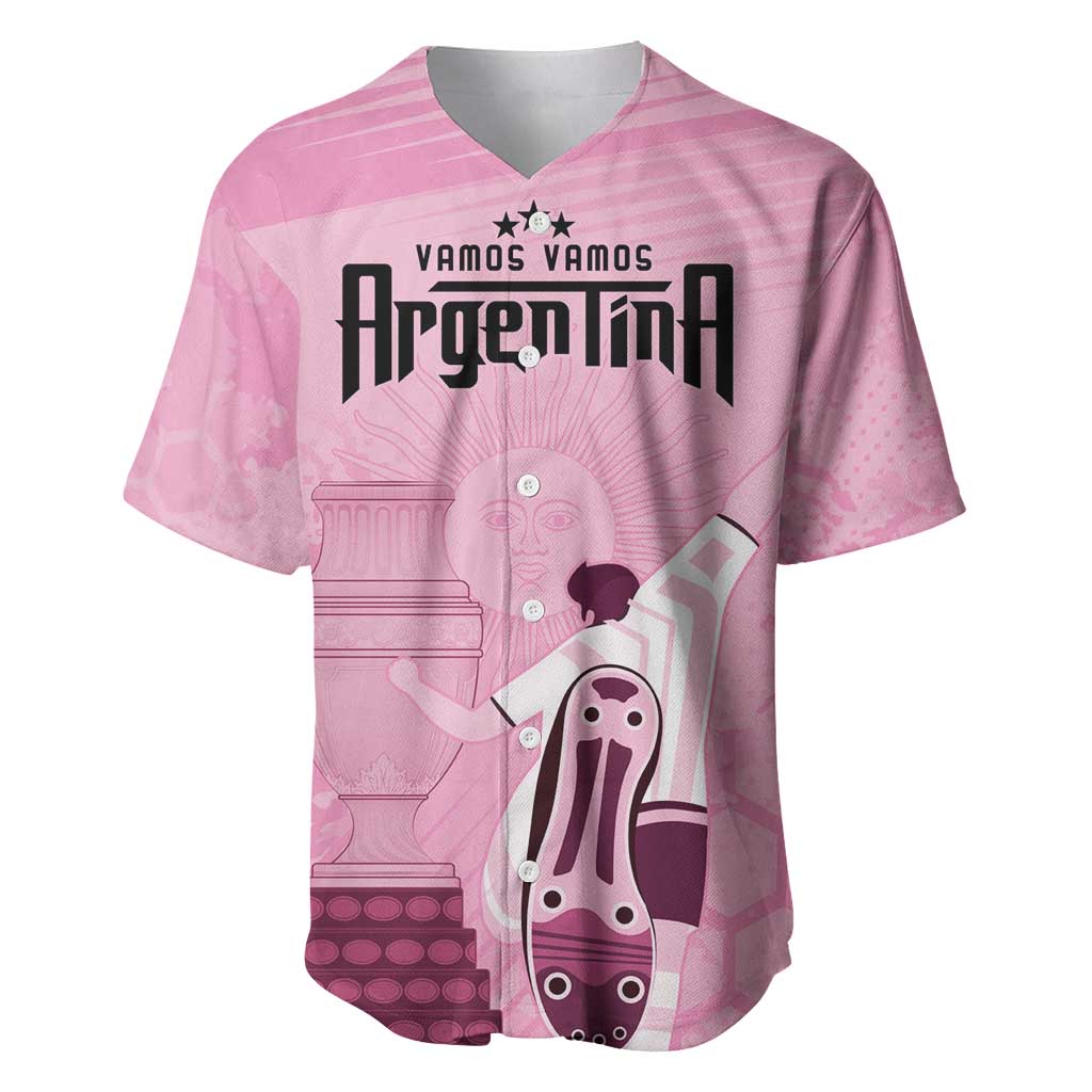 Pink baseball jersey with black V-neck and large front tournament graphic