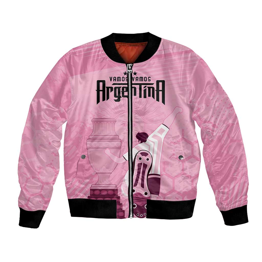 Pink unisex bomber jacket with black rib trim and front Argentina-themed graphic, zip front